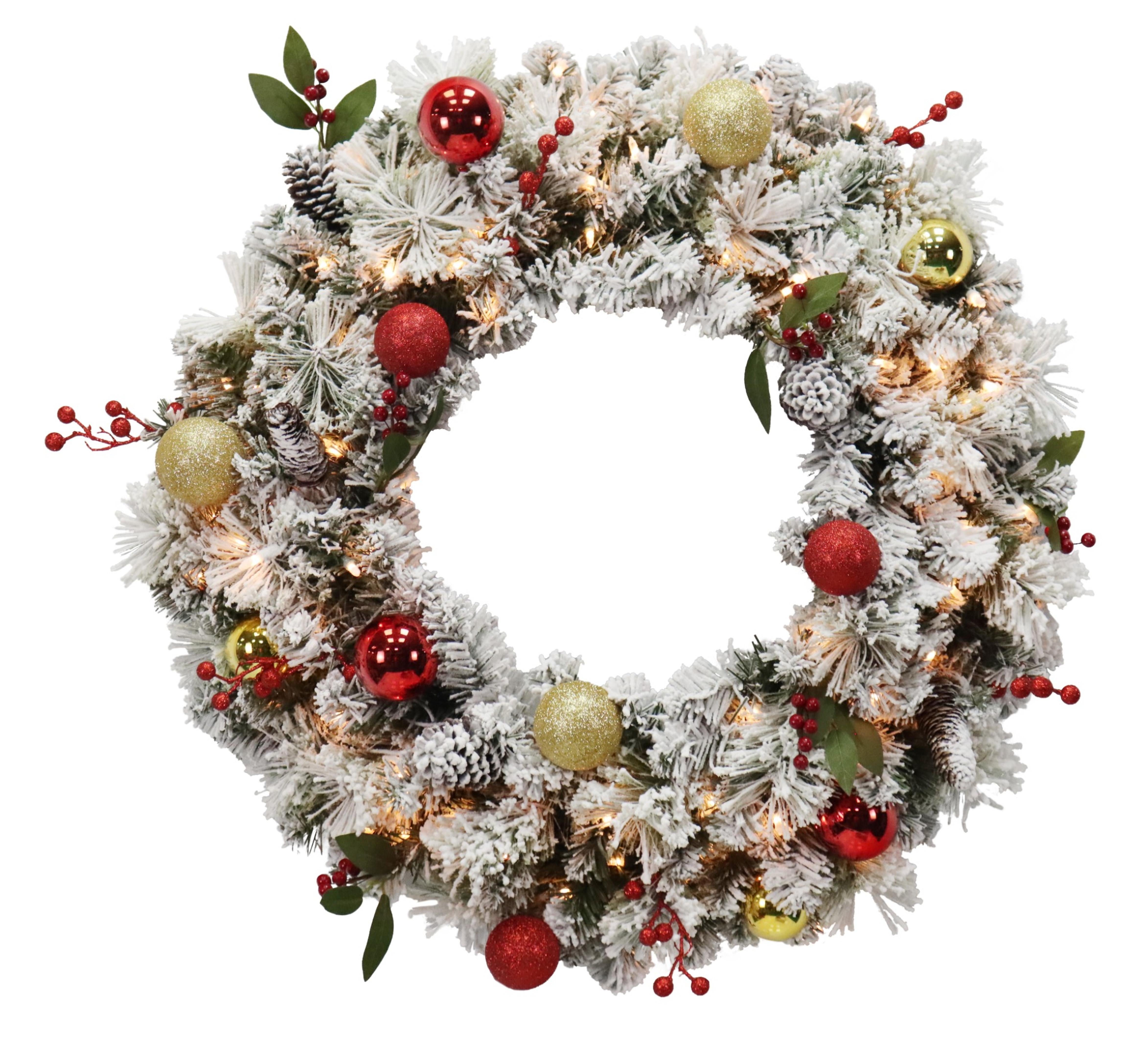 Puleo International 30in Pre-Lit Flocked Fairfield Wreath in Clear